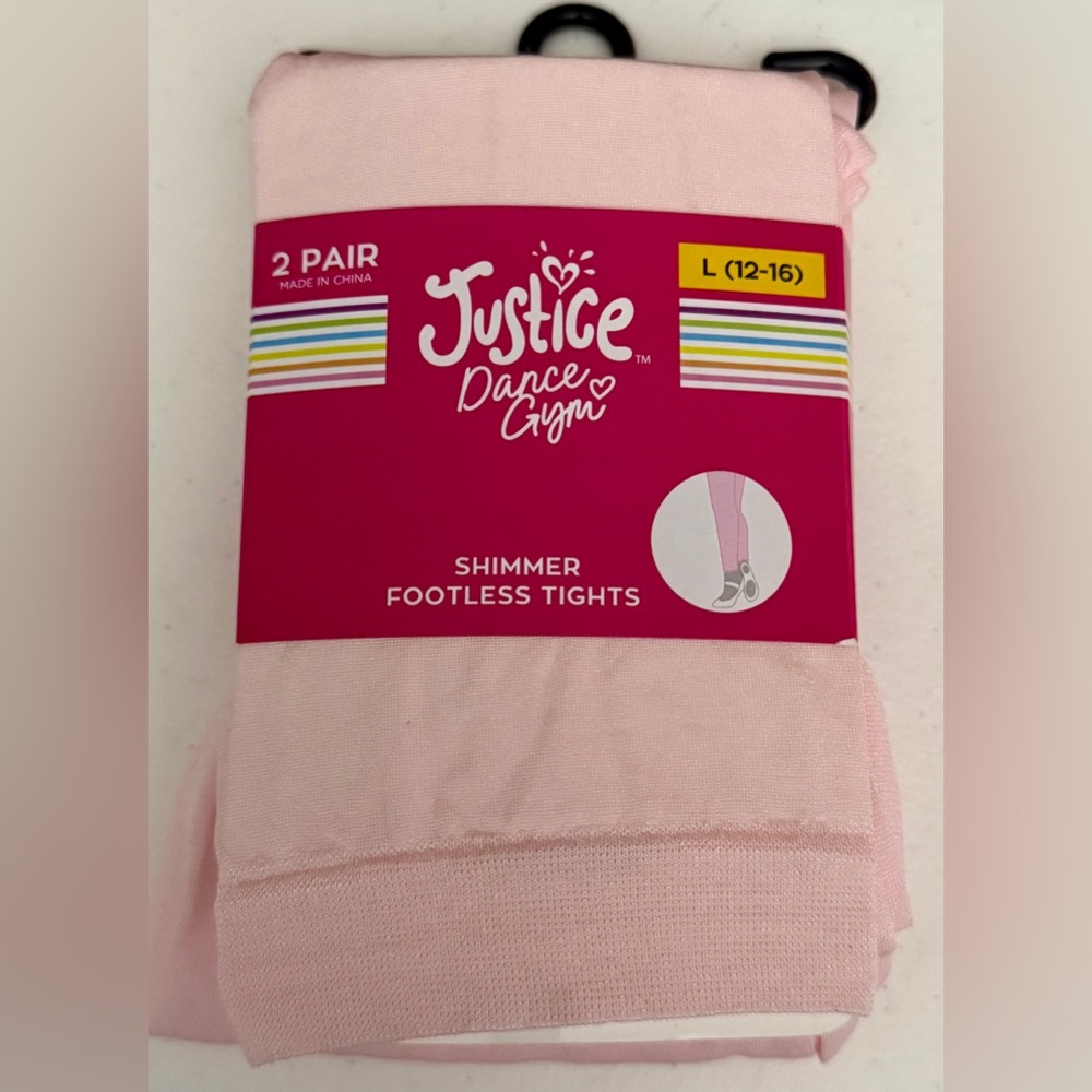 JUSTICE Girls L Shimmer Footless Tights 2 Pairs Pink SIZE 12-16 NEW